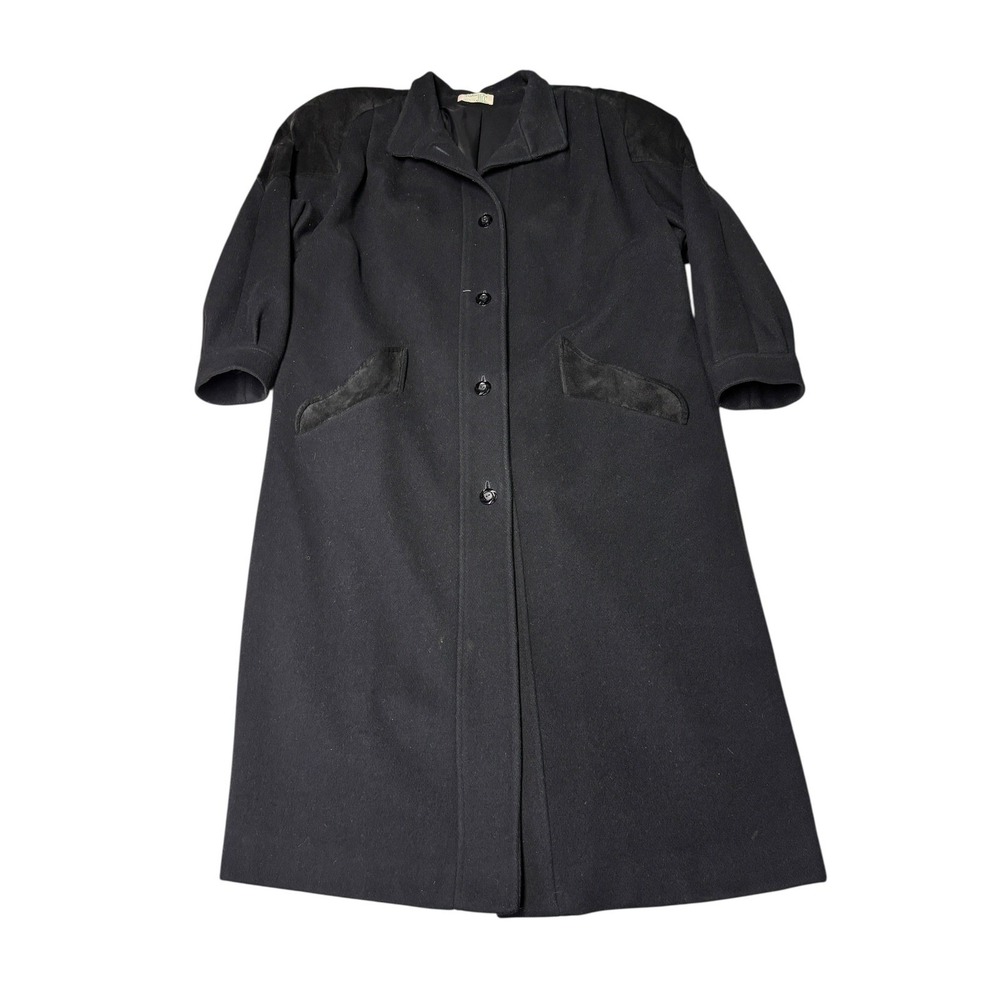 Vintage Fashions By Jill Mens Black 100% Pure Wool 44R Long Overcoat Leather USA